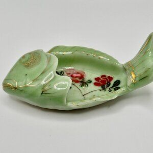 Antique Chinese Hand-Painted Fish Shaped Ceramic Dish Qing Dynasty Green